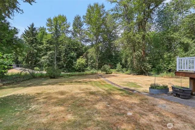 a view of a backyard with trees