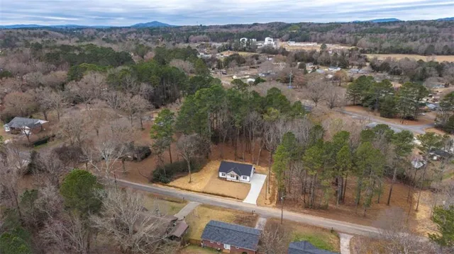 an aerial view of a residential houses with outdoor space and trees
