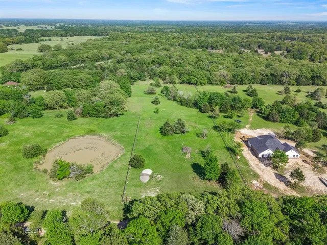 a view of a green yard with large trees