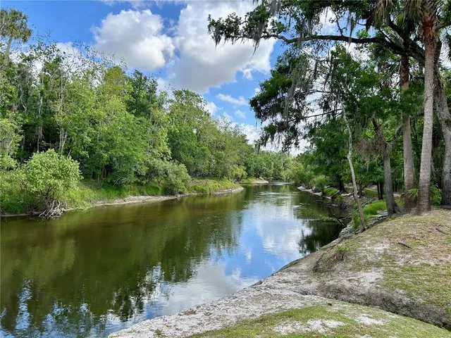 a view of a lake in between two tall trees