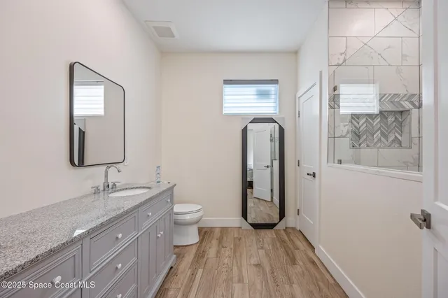 a bathroom with a granite countertop sink toilet and painting on the wall
