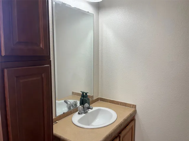 a bathroom with a sink and a mirror