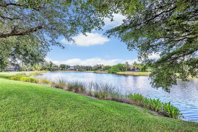 a view of lake with green space