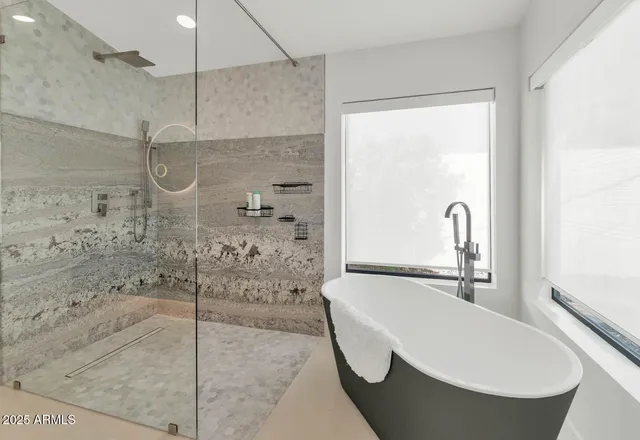 a bathroom with a tub a sink and a shower