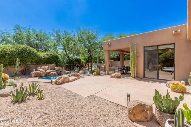 a view of a backyard with plants and a patio