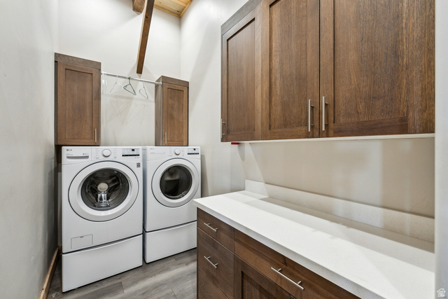 46997 West Thunder Road Fruitland, UT 84027 - Photo 20 of 49 Washroom with light wood-style flooring, cabinet space, and independent washer and dryer