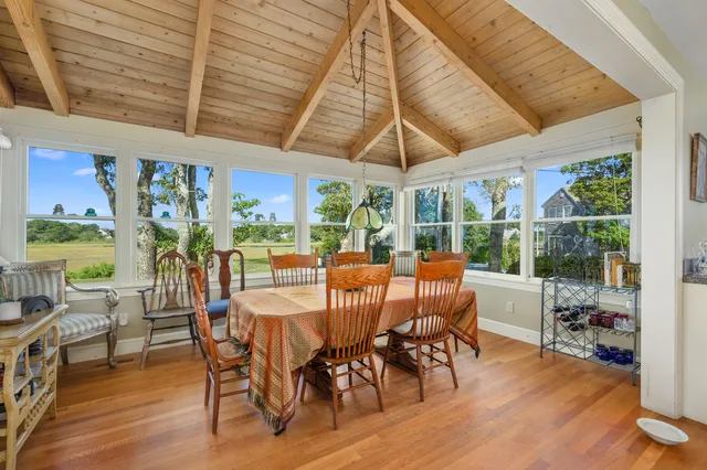 a view of a dining room with furniture window and outside view