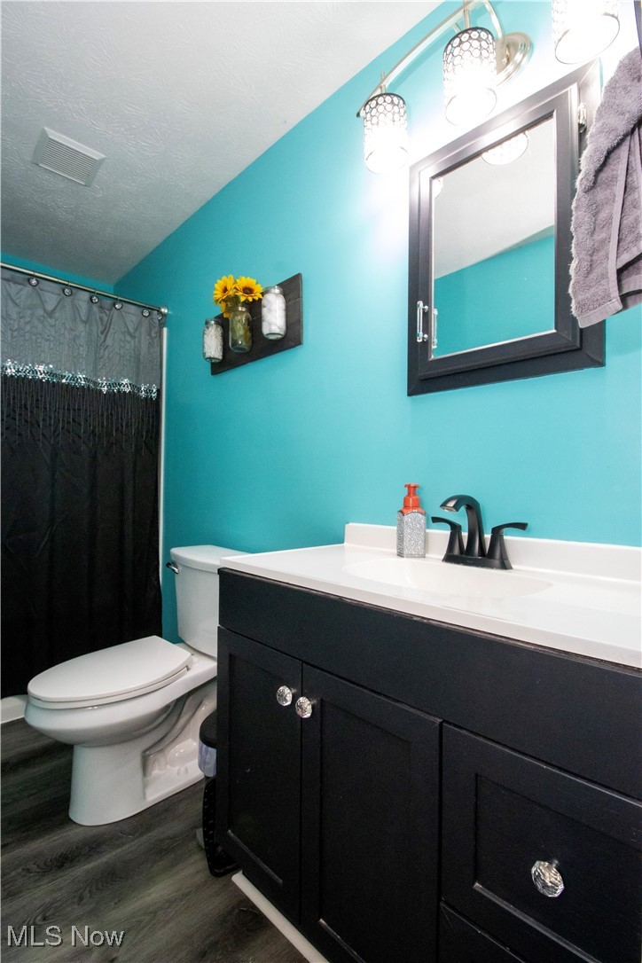 5530 Force Road Shreve, OH 44676 - Photo 16 of 23 Bathroom with toilet, hardwood / wood-style flooring, a textured ceiling, and vanity