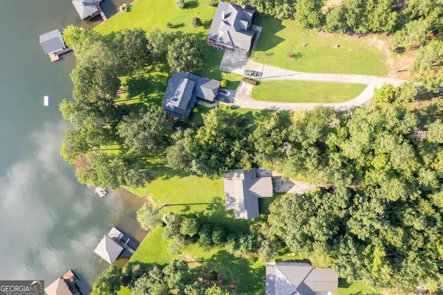 an aerial view of a houses with lake view