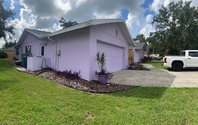 a view of a backyard with potted plants and a large tree