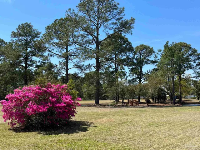 a view of a yard with swimming pool and sitting area