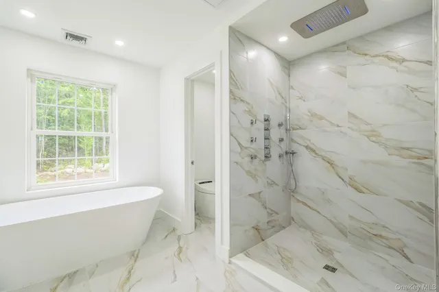 a bathroom with a bathtub and shower