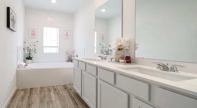 a bathroom with a sink a mirror and a bathtub