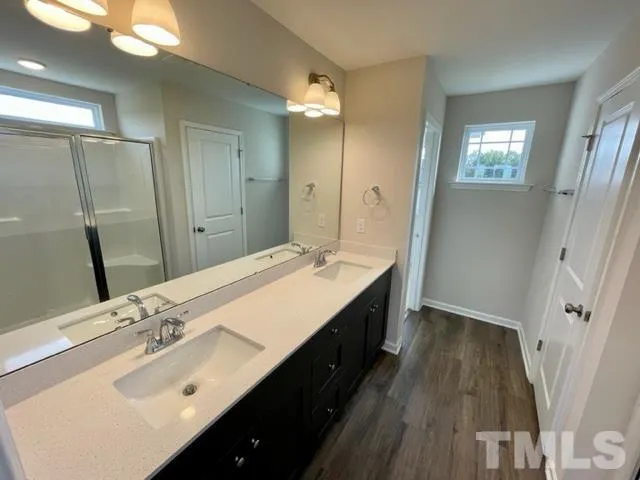 a bathroom with a sink a mirror and a shower