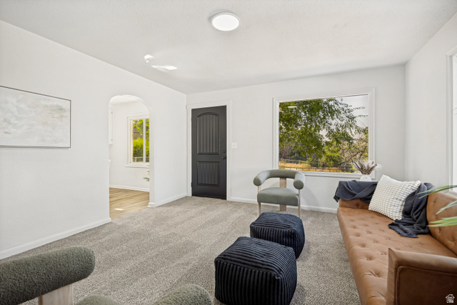 662 29th Street Ogden, UT 84403 - Photo 3 of 23 Spacious living area featuring light-toned walls, textured carpet, and a large window with outdoor scenery