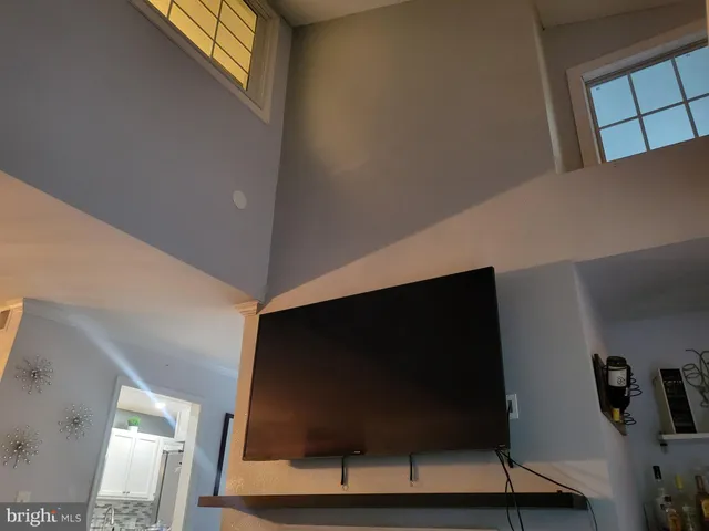 a living room with a flat screen tv and a potted plant
