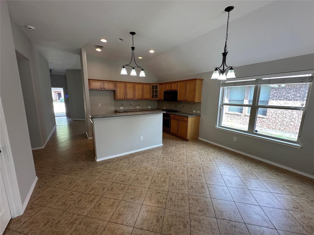 9321 Fenway Drive McKinney, TX 75072 - Photo 22 of 22 a open kitchen with kitchen island granite countertop a stove a sink a counter space and cabinets