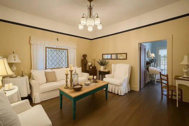 a living room with furniture and a chandelier
