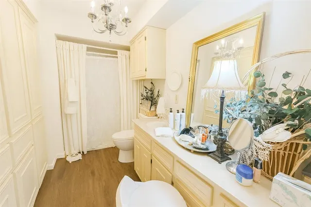a bathroom with a sink a toilet and shower curtain