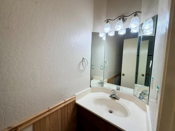 a bathroom with a sink and a mirror