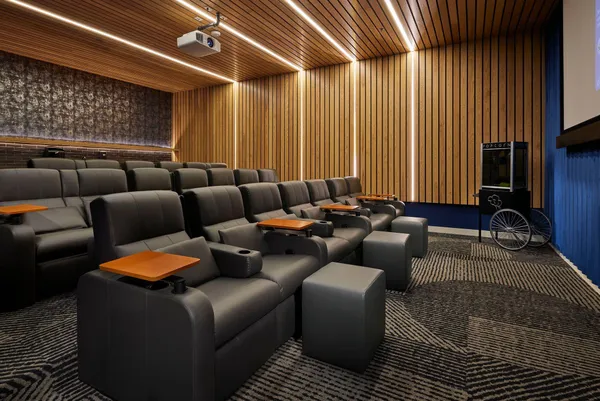 a media room with furniture and a rug