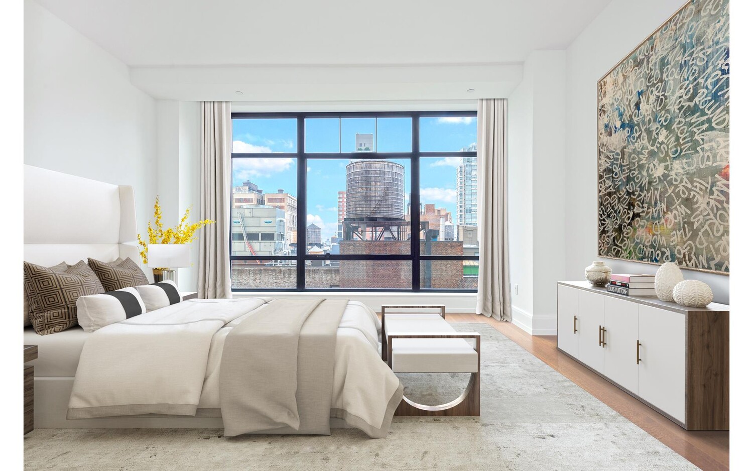 10 Madison Square West, Unit 14F Manhattan, NY 10010 - Photo 5 of 12 a bedroom with bed and glass window