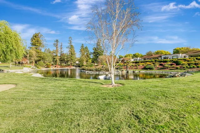 a view of a swimming pool with a yard