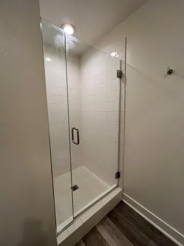 a bathroom with a shower and a toilet