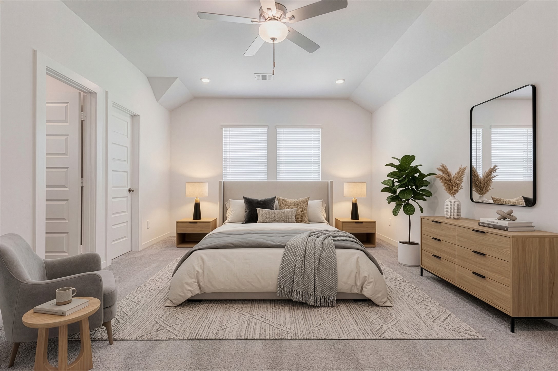 1038 Elsinore Drive Rosharon, TX 77583 - Photo 4 of 27 The spacious primary bedroom provides a peaceful retreat with soft carpeting, high ceilings, and plenty of room for a full bedroom suite. Large windows allow natural light to brighten the space while maintaining a calm and relaxing environment. With direct access to the en-suite bathroom and walk-in closet, the layout combines comfort, privacy, and functionality for a well-designed primary living space. This photo has been virtually staged for visual reference.