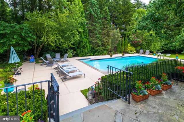 a view of a swimming pool and trees in the background