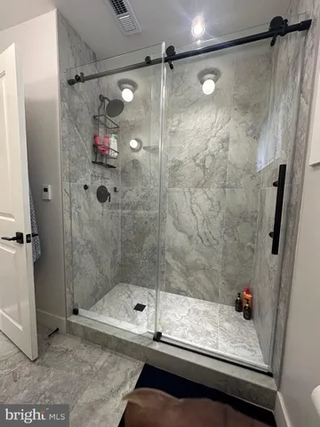 a bathroom with a shower and a sink