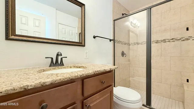 a bathroom with a granite countertop sink toilet and shower