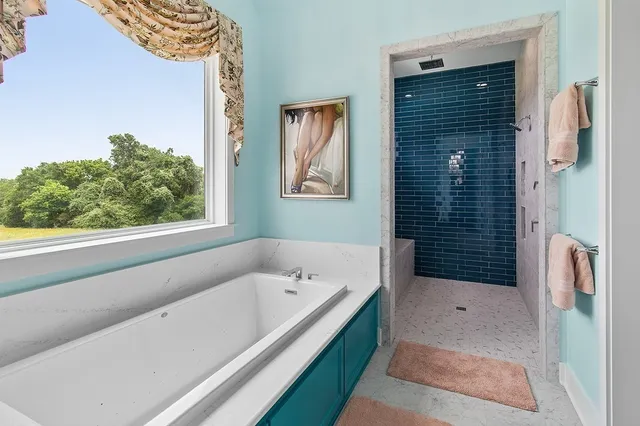 a bathroom with a bathtub and a shower