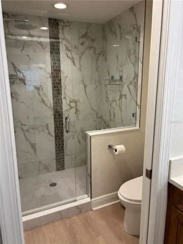 a bathroom with a shower and a toilet