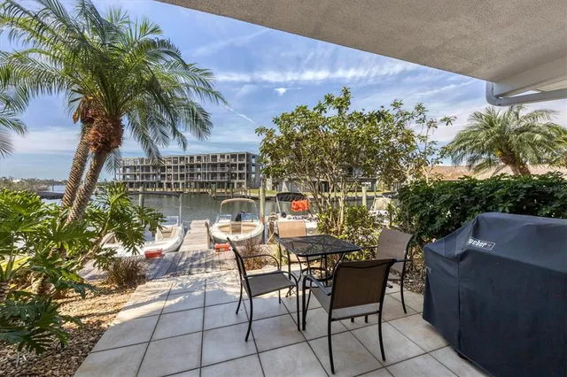 a patio with table and chairs and potted plants