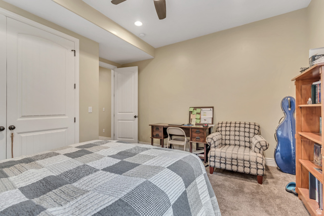 2543 East 700 South Springville, UT 84663 - Photo 51 of 73 Bedroom with carpet flooring, ceiling fan, and recessed lighting
