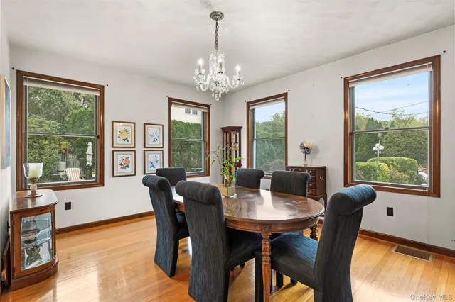 a view of a dining room with furniture window and outside view