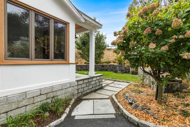 a view of a backyard with large trees