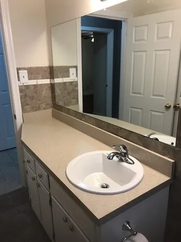a bathroom with a sink and a mirror