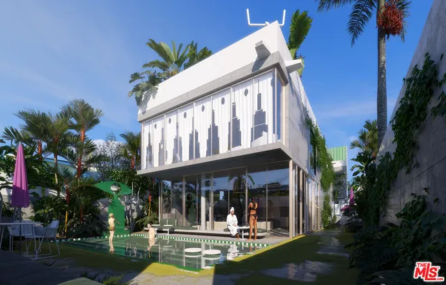 a view of a building with a garden