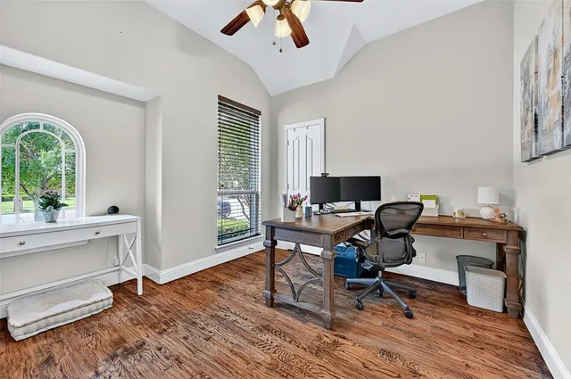 a workspace with wooden floor
