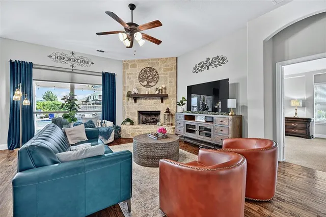a living room with fireplace furniture and a flat screen tv