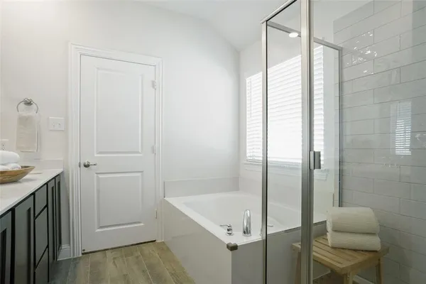 a bathroom with a tub shower and sink