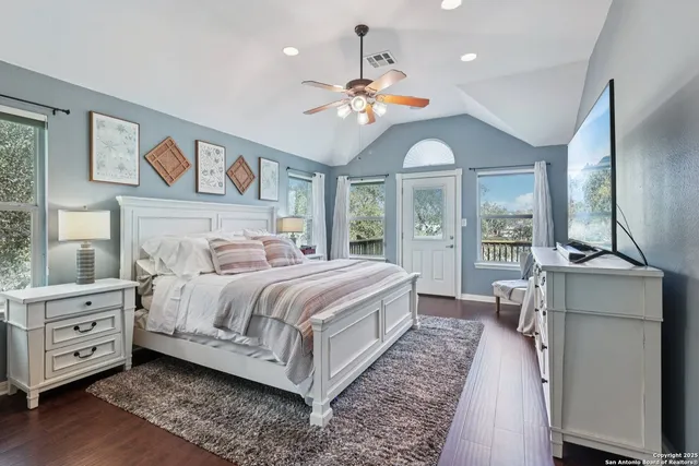 an aerial view of a house with a garden