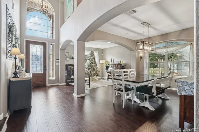 a view of a dining room with furniture