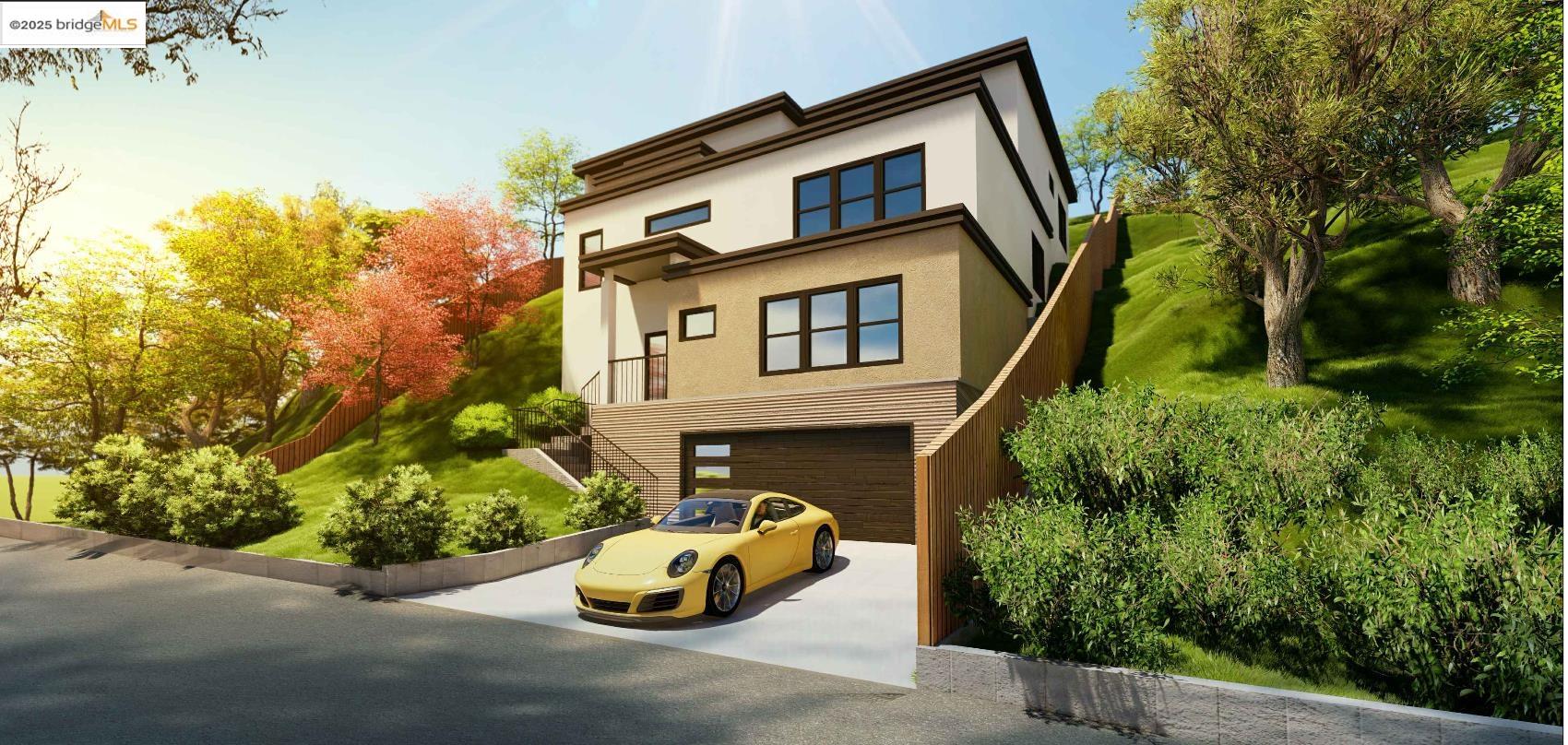 a front view of a house with a yard and potted plants