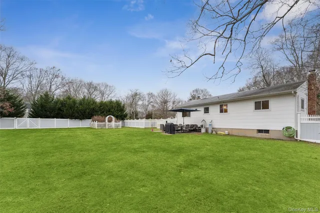 a view of a backyard with plants and a large tree