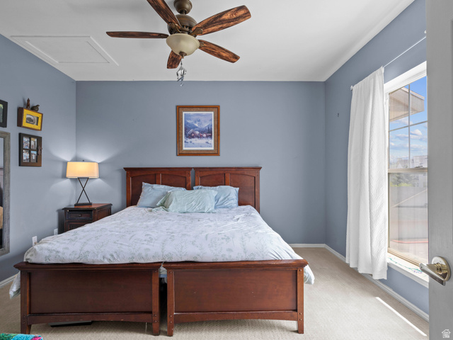 900 Bitner Road, Unit D 34 Park City, UT 84098 - Photo 13 of 25 Carpeted bedroom featuring attic access and ceiling fan