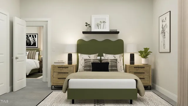 a bedroom with a bed and dresser with mirror