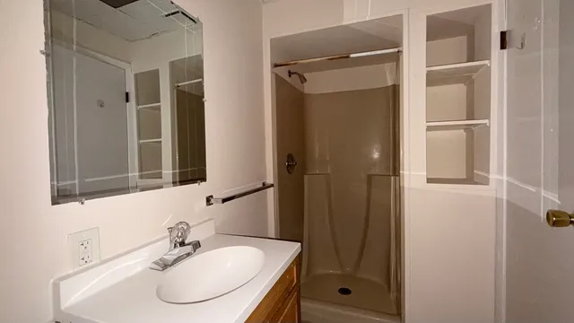 a bathroom with a sink and a mirror